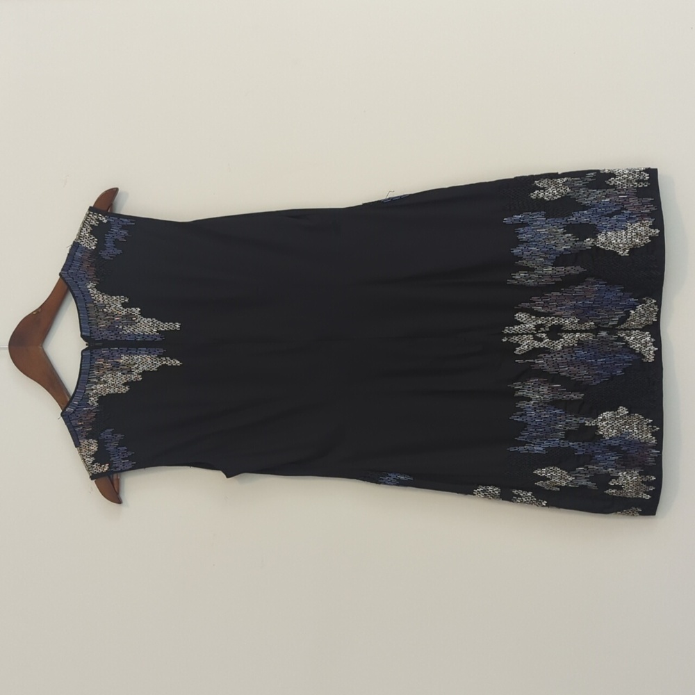French Connection Elegant Black and Blue Patterned Beaded Cocktail Dress YTK 6 - Picture 6 of 7
